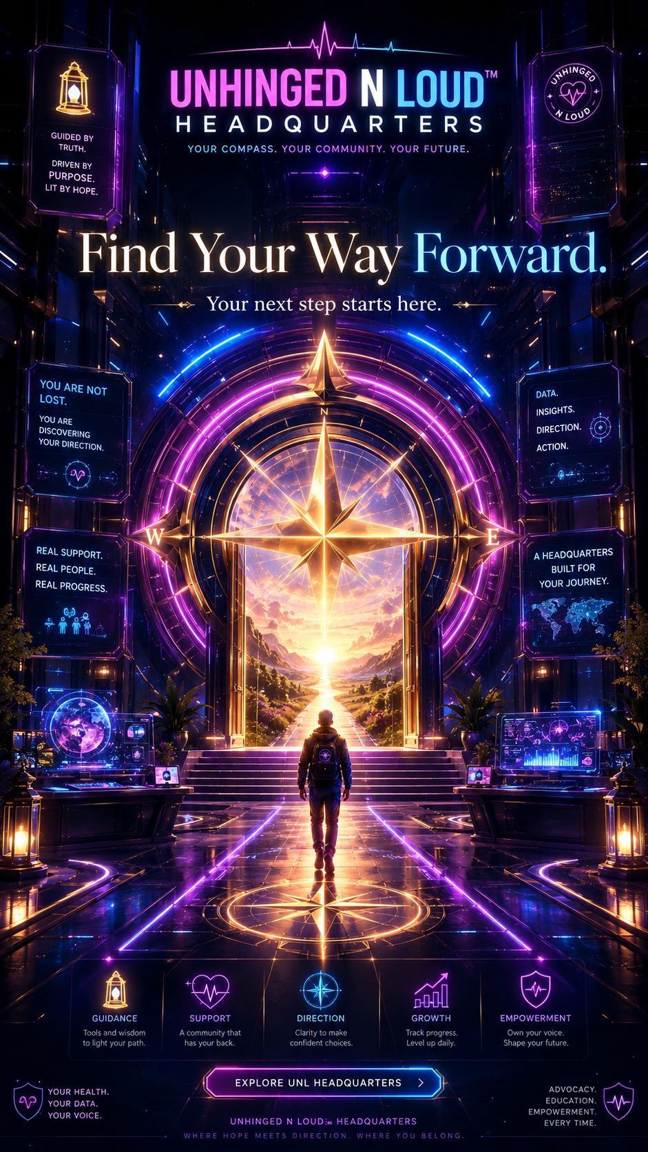 Unhinged N Loud™ Headquarters — Find Your Way Forward. A glowing compass portal entrance with neon blue, pink, purple, and gold light, a person walking forward through the gateway.
